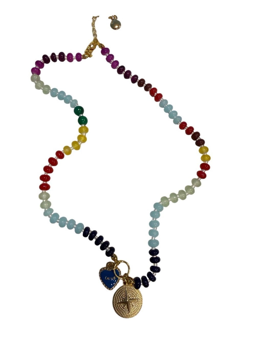 NEW Mayamar Rainbow Beaded Gold Compass & Heart Charm Necklace Layering Boho